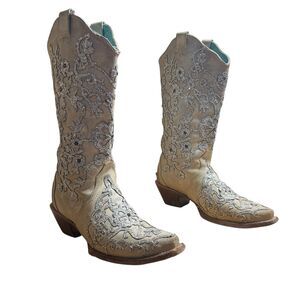 Corral Womens Size 8.5 Bone Glitter Overlay Cowgirl Western Boots C3356